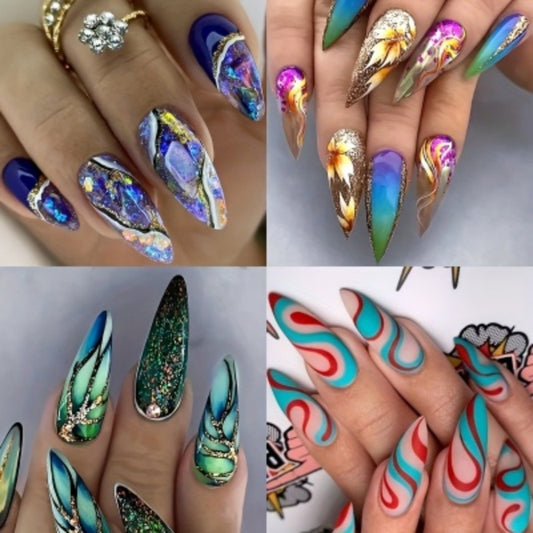 Pegatinas de Uñas Arcoíris Forma Almendra con Líneas Coloridas