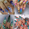 Pegatinas de Uñas Arcoíris Forma Almendra con Líneas Coloridas