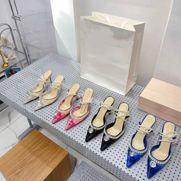 Sandalias Stiletto con Punta Afilada y Cinturón Perla para Mujer