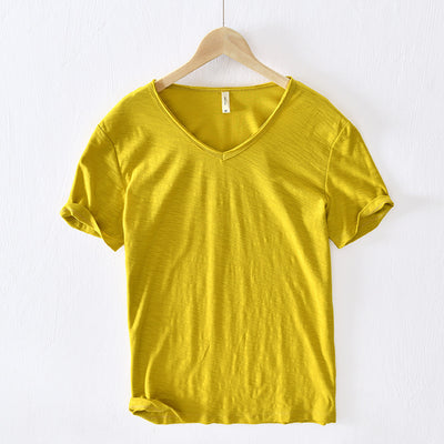 Camiseta Hombre Algodón Lino Manga Corta Cuello V Transpirable Blanca - Image 9