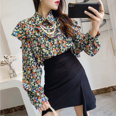 Blusa Floral de Chifón con Cuello de Muñeca y Volantes Encadenados - Image 10