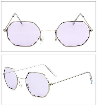 Silver polygonal sunglasses with clear lenses, featuring a thin metal frame and vintage style. - Image 7