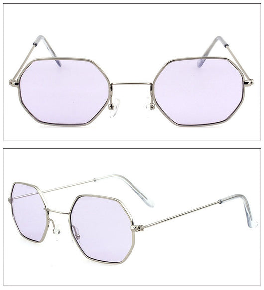 Silver polygonal sunglasses with clear lenses, featuring a thin metal frame and vintage style. - Image 7