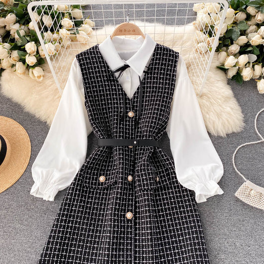 Vestido Houndstooth con Tirantes y Mangas Puff - Image 18
