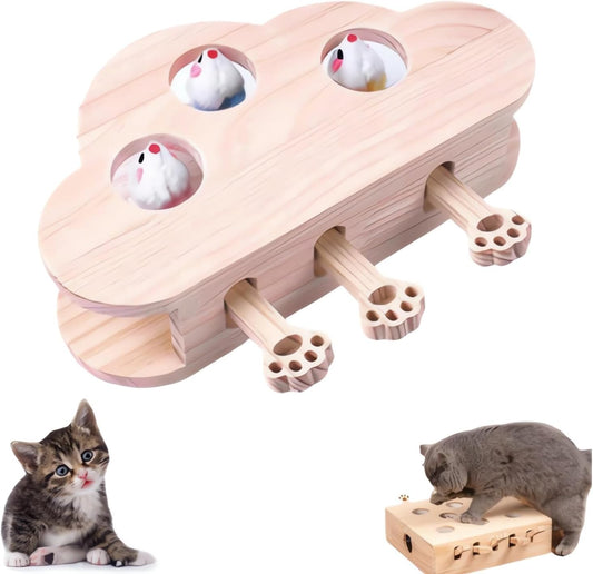 Wooden cat whack-a-mole toy with three plush mouse toys and paw-shaped pushers, measuring 21cm by 28cm.