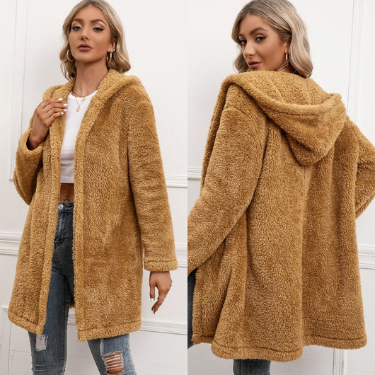 Abrigo Cardigan Midi de Lana de Cordero con Capucha Estilo Trinchera