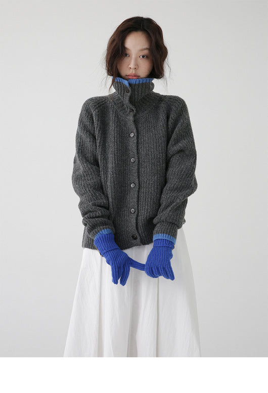 Cardigan de Lana Tejida con Cuello Bicolor - Abrigo de Botón Simple - Image 13
