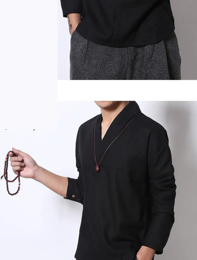 Camisa Lino Manga Larga Estilo Chino Retro para Hombre - Image 16
