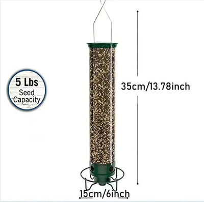 Green and clear tube hanging bird feeder with a metal wire hanger, designed for attracting hummingbirds. - Image 3