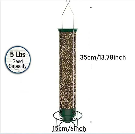 Green and clear tube hanging bird feeder with a metal wire hanger, designed for attracting hummingbirds. - Image 3