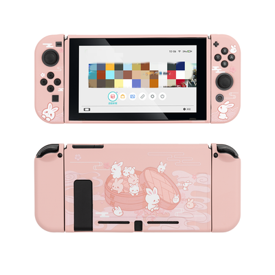 Pink protective case for Nintendo Switch with cute white rabbit and cloud pattern, covering console and Joy-Cons. - Image 7