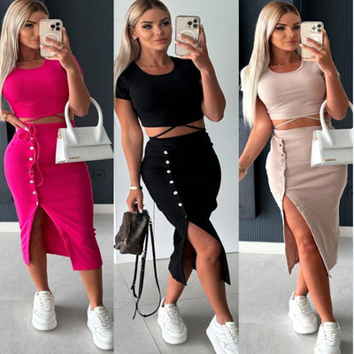 Conjunto Casual Dos Piezas: Blusa Manga Corta con Falda Midi Envolvente - Image 2