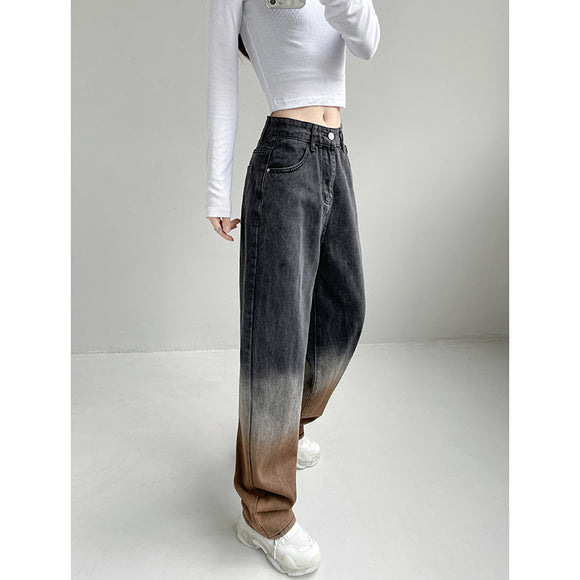 Jeans Rectos de Cintura Alta con Degradado y Corte Holgado