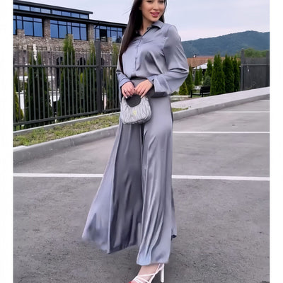 Conjunto de Falda y Blusa de Satén Elegante con Mangas Largas - Image 4