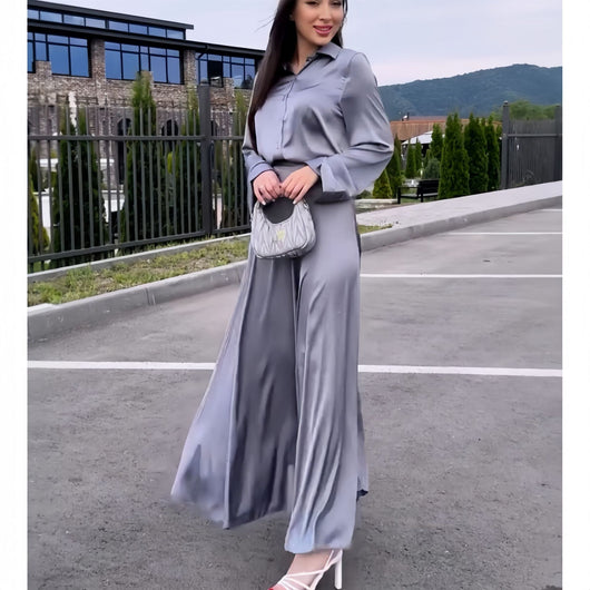 Conjunto de Falda y Blusa de Satén Elegante con Mangas Largas - Image 4