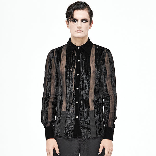 Camisa Gótica de Terciopelo Quemado con Pliegues y Rayas Demoníacas para Hombre