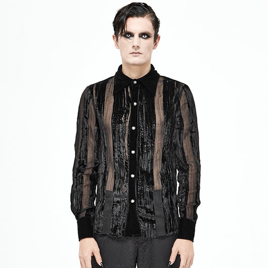 Camisa Gótica de Terciopelo Quemado con Pliegues y Rayas Demoníacas para Hombre