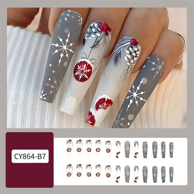 Set de 24 Uñas Postizas Navideñas con Diseños de Sombreros, Rayas y Copos de Nieve - Image 8