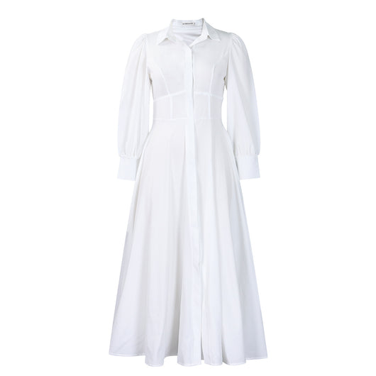 Vestido Camisero Elegante Manga Larga Ruedo Amplio Color Sólido - Image 9