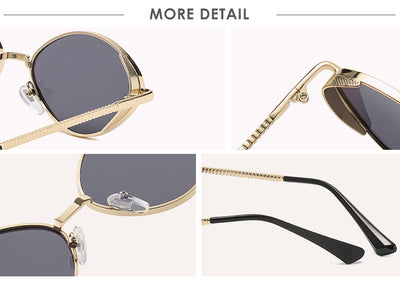 Oval women's sunglasses with dark gray lenses and a gunmetal metal frame, featuring textured temples. - Image 19