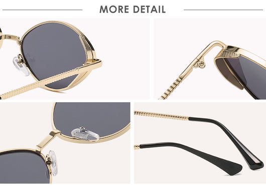 Oval women's sunglasses with dark gray lenses and a gunmetal metal frame, featuring textured temples. - Image 19