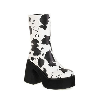Botines para Mujer con Tacón Alto Grueso y Plataforma - Patrón Leche - Image 12