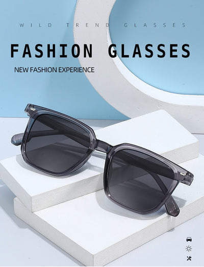 Large frame square sunglasses with a transparent champagne-colored frame and brown lenses. - Image 19