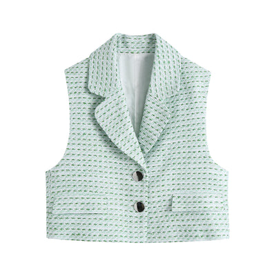 Conjunto de 3 Piezas: Blazer Cuadrille, Tank Top Abotonado y Falda Plisada Mini - Image 9