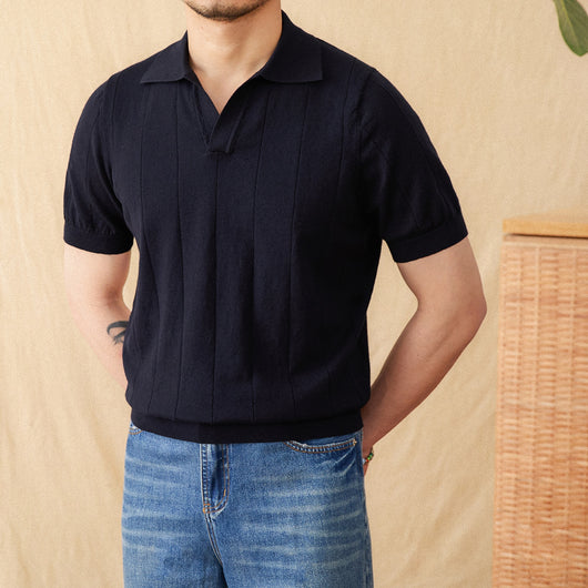 Polo de Algodón y Lino con Rayas Hundidas y Cuello Gaviota - Image 3