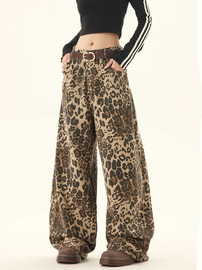 Pantalones Sueltos Talla Grande Estampado Leopardo Pierna Ancha Estilo Retro - Image 4