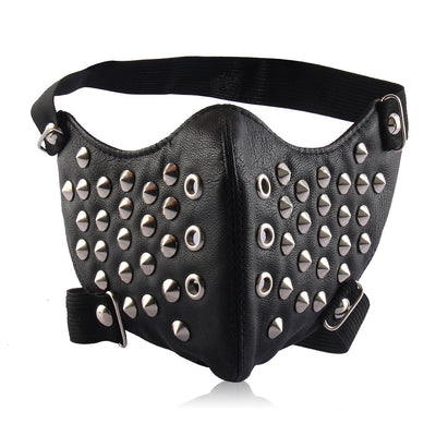 Black leather half-face mask with silver studs and grommets, featuring elastic head straps. - Image 8