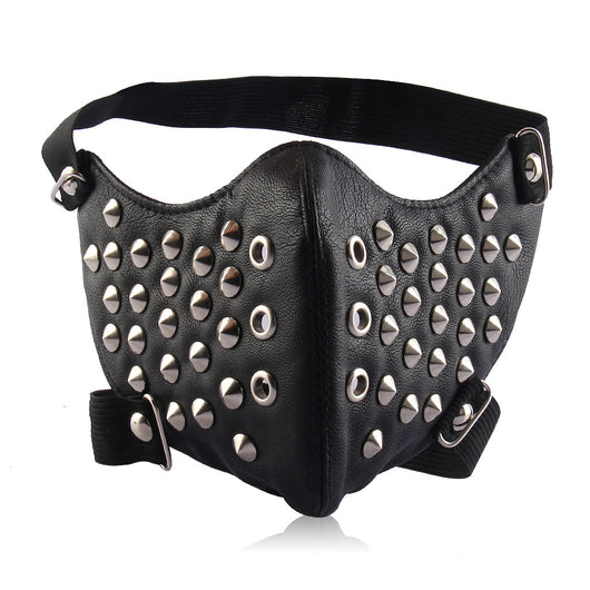 Black leather half-face mask with silver studs and grommets, featuring elastic head straps. - Image 8