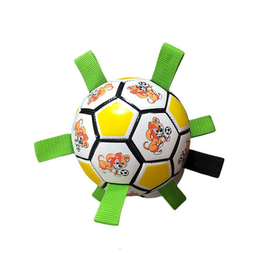 Red and white dog football toy with green fabric loops, featuring cartoon dogs playing with a soccer ball. - Image 5