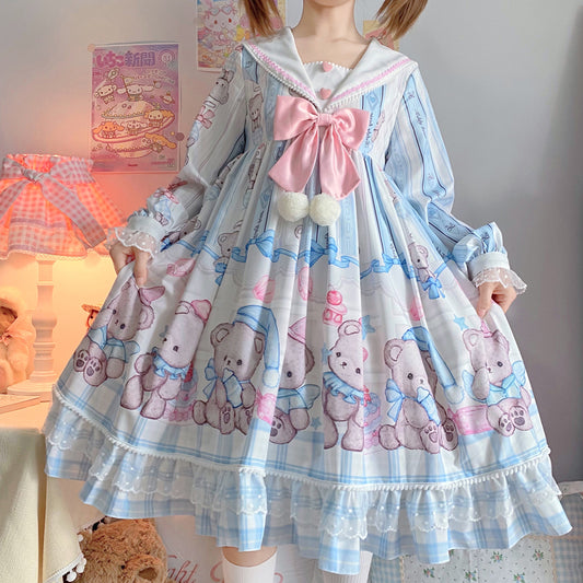 Vestido Lolita Soft Girl Osito Soñador de Manga Larga