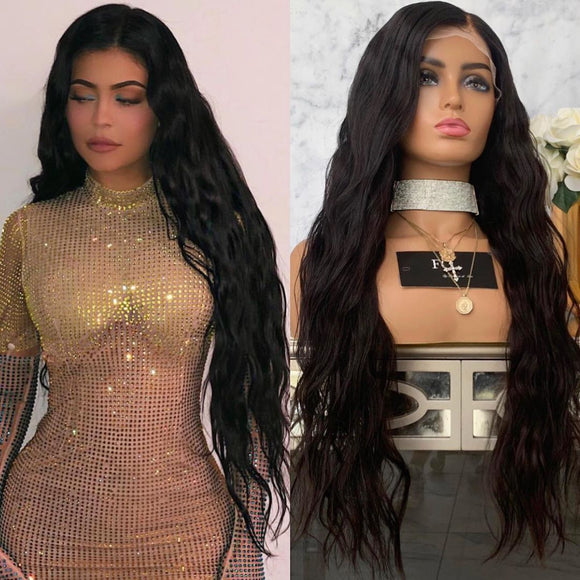 Peluca Larga de Ondas Voluminosas en Negro con Flequillo Parcial
