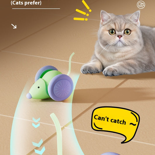 Green and purple electric mouse car cat toy with a glowing tail on a woven mat, designed for interactive play. - Image 19