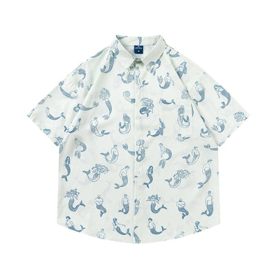 Camisa Estampado Sirena Manga Corta Suelta para Hombre
