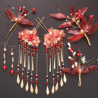Tocado Estilo Antiguo con Flores Rojas y Flecos - Corona de Pelo Nupcial - Image 30