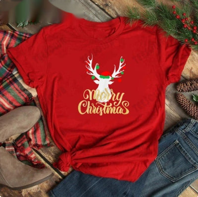 Red women's t-shirt with "Merry Christmas" text and three Christmas trees, featuring buffalo plaid and leopard print. - Image 18