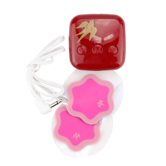 Red square TENS unit with gold bird logo, white cable, and two pink flower-shaped electrode pads for pain relief. - Image 13