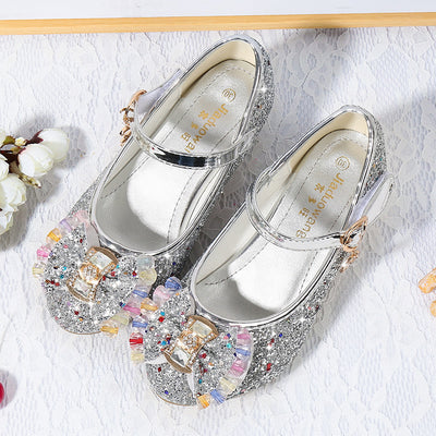 Red glitter Mary Jane shoes for girls with a decorative bow, clear and pink crystals, and a moon and star charm. - Image 27