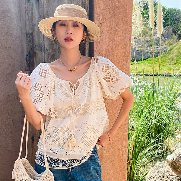 Blusa de Encaje Bordada Manga Corta - Diseño Exclusivo Francés Talla S