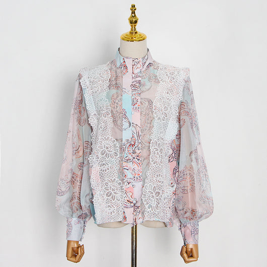 Conjunto Falda y Blusa Primavera con Cuello Elevado y Mangas Linterna - Image 6