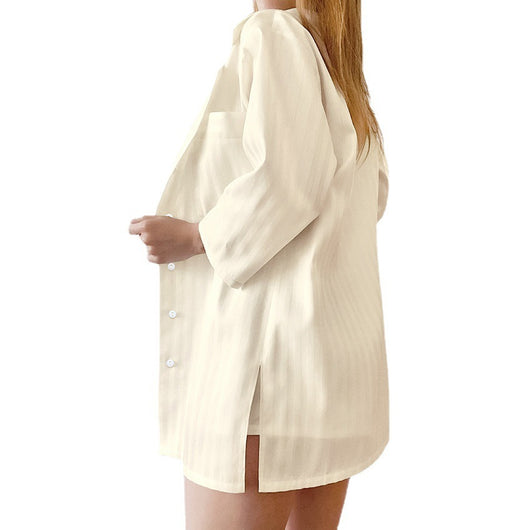Pijama de Tres Piezas en Seda de Hielo con Rayas - Conjunto de Ropa de Casa para Mujer - Image 6