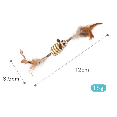 Feather and sisal cat toy with a wooden stick, green sisal ball, and brown feathers for molar cleaning. - Image 9