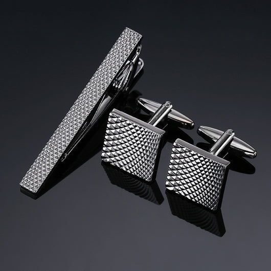 Juego de Clips de Corbata y Gemelos con Cristales Negros y Patrón Floral Esmaltado en Oro y Plata - Image 27