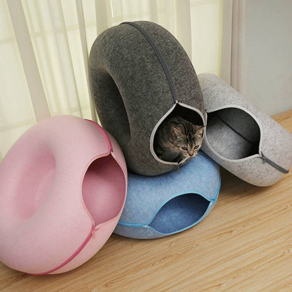 Donut Cat Tunnel House - Natural Felt Bed with Interactive Toys