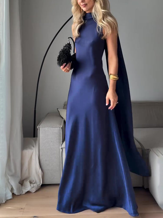 Vestido Largo de Satén Azul Royal sin Mangas