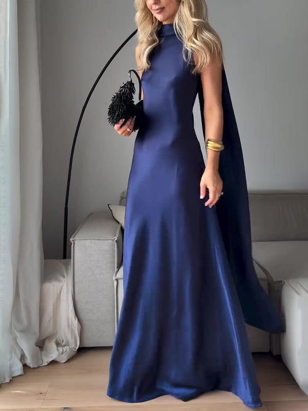 Vestido Largo de Satén Azul Royal sin Mangas