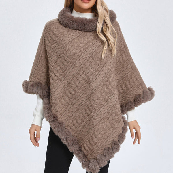 Poncho Tipo Capa de Punto Grueso con Cuello de Pelaje